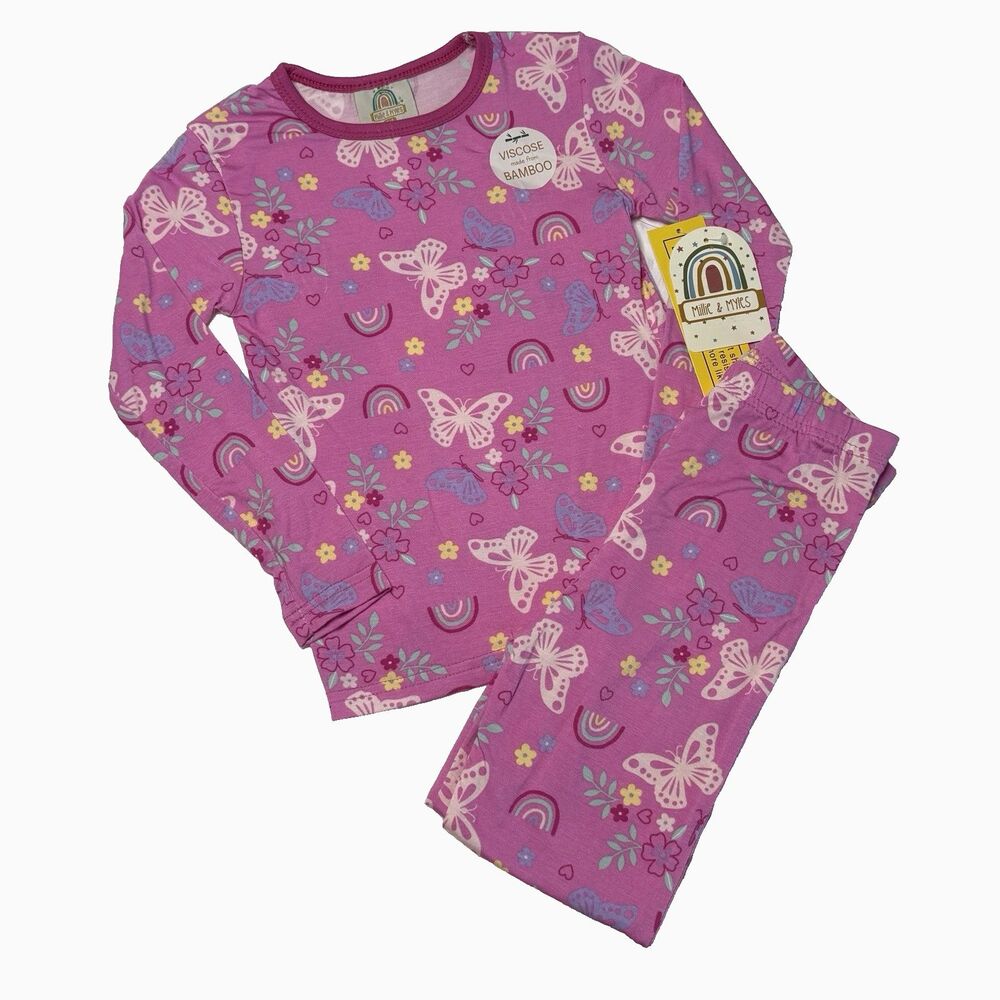 Millie & Myles Girls Bamboo 2 pc Soft Pajama set Butterfly Pink Size 5/6 NWT
